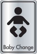 Baby change symbol with text. Black on silver. F/M