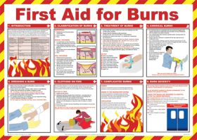 First aid for burns poster. 420x590mm