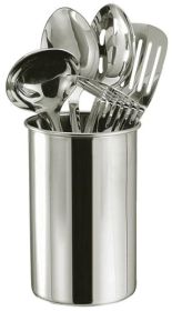 Stainless Steel Kitchen Tool Set  6 Pc - Solid Spoon, Straining Spoon, Masher, Ladle, Turner & Utensil Holder